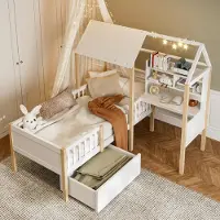 OKWISH Bedframe 90/180x200 cm – beige burlap – uitklapbaar met opbergruimte, USB en LED