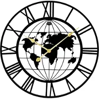 AMS W9702 - Wandklok - Analoog - Quartz uurwerk - Rond - Metaal - Wereldkaart - Romeinse Cijfers - Zwart - Goudkleurig - D 60 x 4 cm