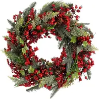 Mica Decorations Norah Kerstkrans met Dennenappels - Kerstversiering met Traditionele Look - Deurkrans voor in de Hal of bij de Voordeur - H13 x Ø50 cm - Rood en Groen