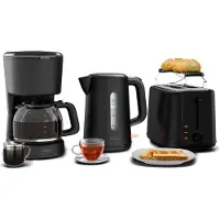 Klarstein Velaire ontbijtset – broodrooster voor 2 sneetjes met 7 bruiningsstanden, waterkoker van 1,7 liter, filterkoffiezetapparaat voor 10 kopjes, warmhoudfunctie, broodjesrek, modern design
