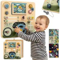 Mamabrum Montessori Houten Educatieve 2-in-1 Cockpit – Activiteitentafel voor Peuters met 8 Verwisselbare Panelen – Bestuurder & Piloot 18m+