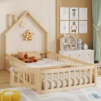 STILVORA Huisbed 90x200 cm – Kinderbed Met Schoorsteenmodel – Met Lattenbodem – Met Veiligheidshekje – Voor Kinderkamer – Grenenhout – Naturel – Zonder matras