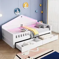STILVORA Kinderbed 90x200 cm, een-persoonsbed met LED-lichtbalk en lattenbodem, bed met opbergruimte en 2 lades, tienerbed voor de slaapkamer met app-bediening, wit