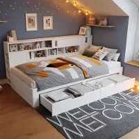 STILVORA Dagbed 140x190 cm – Eenpersoonsbed Met Opberglades En Kasten – Verstelbare Zijplanken – Lattenbodem – Zonder Matras – MDF – Wit