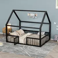 STILVORA Metalen Bed 140x200 cm – Huisvormig Kinderbed Met Veiligheidshek En Deurtje – Stevig Bedframe Met Lattenbodem – Zonder matras – Zwart