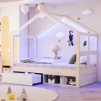 STILVORA enkel bed, 90x190 cm, met lade en kleine schoenenkast. Jugendbed met meerkleurige LED-verlichting en lattenbodem. Houten bed met opbergruimte en een stevige constructie, in houtkleur