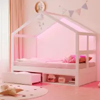 STILVORA Houten Bed 90x190 Cm – Huisbed Met MeerKleurige Ledverlichting – Met Opberglade & Schoenenkast – Voor Kinderkamer – Zonder Matras – Wit