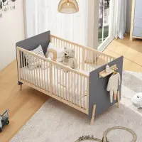 MODFU Babybed 140x70 cm – Drievoudig verstelbaar – Omvormbaar naar aanschuifbed & sofabed – Massief grenenhout – Blauwgrijs