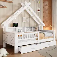 STILVORA Huisbed 90x200 cm – Bed Met Ledverlichting – Planken En 2 Lades – Veilig Uitvalhek – Voor Kinderkamer – Hout – Zonder matras – Wit