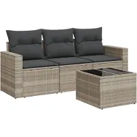 vidaXL 4-delige Loungeset met kussens poly rattan lichtgrijs