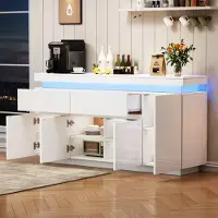 STILVORA Woonkamerkast 140x35x72,5 cm, dressoir/buffetkast met 2 lades en 4 deuren, commode/opbergkast met LED-verlichting, hoogglanz wit
