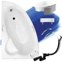 Besco Badkuip, hoekbadkuip 150x100, links, met polystyreen isolatie, handgrepen en hoofdkussen, afvoer en voetstukken, GRATIS | Complete set 6-in-1 badkuip | BADLAND NATALIA PREMIUM