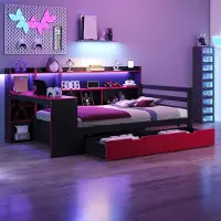 STILVORA Houten Bed 90x200 cm – Slaapbank Met Bureau En Opbergrek – Ledverlichting En Stopcontact Met Usb – Met Lades – Zonder matras – Zwart Rood