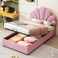 MODFU Ledikant 90x200 cm – fluweel roze – met hydraulische opbergruimte en bloemdetails – kinderkamer