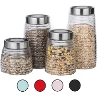 Michelino Voorraadpotten Set 4-delig met gekleurde deksel – Glazen Bewaarpotten met Metalen Deksel – 0,9L t/m 2,0L – Multicolor