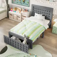 OKWISH Ledikant 90x200 cm – kunstleer wit/roze – met kroonhoofdbord en blokdesign – prinsessenbed