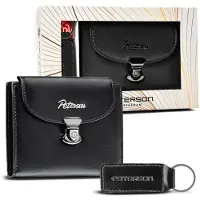 Peterson - Luxe Cadeauset voor Dames - Verticaal Model Portemonnee & Sleutelhanger - Echt Leer - Zwart - RFID-Beveiliging