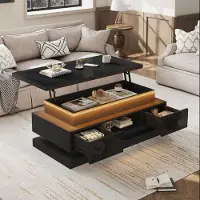 STILVORA Salontafel - In Hoogte Verstelbaar Met LED En USB - Met 2 Lades En Verborgen Opbergruimte - Hoogglans Zwart - 100x50x40 Cm