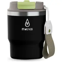Motivai Urban Cup – 355ML – 100% Lekvrij & Dubbelwandig – Koffiebeker met Deksel & Rietje – RVS Thermosbeker To Go – Zwart