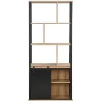 Vente-unique Boekenkast met opbergruimte en 1 schuifdeur van MDF en staal - Naturel en zwart - YALENA