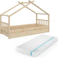 VitaliSpa Design Huisbed – 90x200 cm met 2 laden en matras Natuurlijk hout