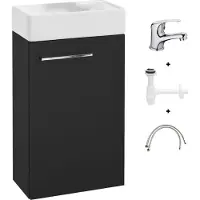 Deftrans Small Serie - Zwarte Hangende Badkamerkast - 60x40 cm - Keramische Wastafel - Compacte Chroomkraan
