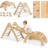 Mamabrum Houten Indoor Speeltoestel Montessori – Pikler Driehoek, Klimboog, Schommel & Glijbaan/Klimwand – Opvouwbare Klimset voor Kinderen tot 50 kg