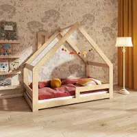 Need Sleep - Montessori Kinderbed Huisbed Peuterbed met Uitvalbescherming - Naturel Hout - 90x200 cm - met schoorsteen - symmetrisch