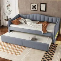 STILVORA Slaapbank 90x200 cm – Eenpersoonsbed met uittrekbaar bed – LED-licht app-bediening – Voor kleine kamers – Linnen;MDF – Grijs – Zonder matras