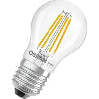 Osram Energy Class LED-lamp in klassieke minibolvorm, 3,8 W / 806 lm, EEK A, warm wit licht (2700 K), CRI 80, gemaakt van helder gekleurd loodvrij glas, E27 fitting, IP20, 45 mm diameter.