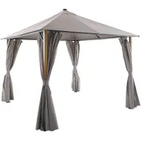 Sweeek - Paviljoen voor de tuin 3x3m met gordijnen en led-verlichting aluminium met houteffect - veluna