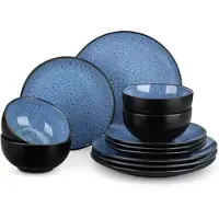 Happiq Loranta Serviesset - 12 delig - 4 persoons - Blauw - Dinerborden - Bordenset - Diepe borden - Ontbijtborden - Servies - Keukenservies