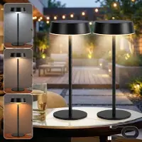 ROSNEK Solar Tafellamp Buiten Set van 2 - Oplaadbare Tuinverlichting - USB & Zonne-energie - Traploos Dimbaar & 3 Lichtkleuren - Draadloze Tafellampen - Zwart