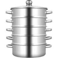 Happiq Stoompan - Stoomkoker - Stoommandje - Voor Gezond Koken in de Keuken - 5-Laags Multifunctionele Stoomboot - 24 cm met Glazen Deksel - RVS