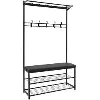 Happiq Kapstok met bank - Kledingrek - Schoenenrek - Voor kledingopslag en schoenen - Multifunctioneel - Met haken en bankje - Zwart
