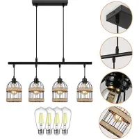 ROSNEK Hanglamp 4-Lichts Industrieel Boerderijstijl - Rotan & IJzer - Verstelbaar 100cm Hoogte - 60W - Voor Eetkamer, Woonkamer, Slaapkamer - Incl. E27 LED Lampen