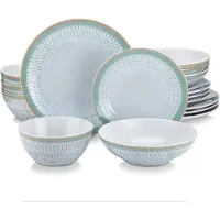 Happiq Tida Serviesset Verde Ligna - 32 delig - 8 persoons - Wit/Groene rand - Dinerborden - Bordenset - Diepe borden - Ontbijtborden - Servies - Keukenservies