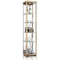 K-Möbel Vitrinekast met glas staand met 1 deur, 4 in hoogte verstelbare glasplanken & spiegel - Vitrinekast met led verlichting - 176x37x33 cm - Beukenhoutkleur