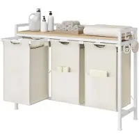 OEM Met 3 waszakken - Draaibare wasbakken - Metalen frame en houten lambrisering - Geschikt voor wasruimte, badkamer of slaapkamer - Wit - Modern en ruimtebesparend