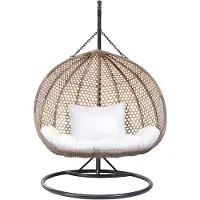 Vente-unique Tweezits hangstoel van beige gevlochten hars met wit kussen - VAHINA L 130 cm x H 195 cm x D 68 cm