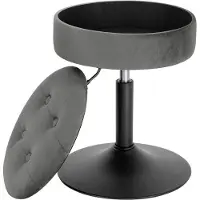 Happyment Mini Barstoel – Grijs – 1 stuk – Ronde barkruk met opbergruimte – Keukenstoel – In hoogte verstelbaar, 49–65 cm – Fluweel – Metaal