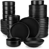 Happyment Morencia Serviesset - 48 delig - 12 persoons - Zwart - Dinerborden - Bordenset - Diepe borden - Ontbijtborden - Servies - Keukenservies