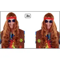 Partyxplosion 2x Hippie Pruik lang bruin met rode hoofdband - Hippy - Themafeest party 70s and 80s party power flower festival thema