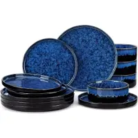 Happiq Grandioso Montario Serviesset - 36 delig - 12 persoons - Marine blauw - Dinerborden - Bordenset - Diepe borden - Ontbijtborden - Servies - Keukenservies - Luxe design - Tafelstijl