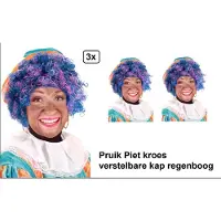 Partyxplosion 3x Luxe Multicolor Pieten pruik - wasbaar en met verstelbare kap - Sinterklaasfeest Sinterklaas feest thema feest Sint en Piet