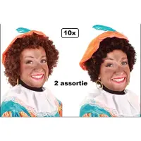 Partyxplosion 10x Pieten pruik luxe kroes bruin en bruin/zwart - verstelbare kap - Piet pruik krul luxe zwart Sinterklaas feest