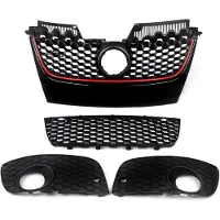 Happiq Voorbumper R-Line Sport - Voorbumper - Voor VW Golf MK5 Jetta/GLI/GTI 2006-2009 - Auto accessoires - Honingraat grille - Rode trim - Zwart