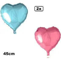 Partyxplosion 2x Folieballon Hart lichtblauw en lichtroze (45 cm) - trouwen huwelijk bruid hartjes ballon feest festival liefde white