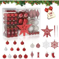 LZQ 138 stuks kleine kerstballen, kunststof kerstboomversieringen met hangers, kerstversiering, ballen, kerstversieringen, decoratieve kerstboomversieringen, rood