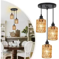 ROSNEK Hanglamp met Handgeweven Rotan Naturel - 3 lichts - Boho Hangend Eetkamerlamp - E27 Dimbare LED - Hoogte Verstelbaar tot 120cm - voor Keuken, Eetkamer of Hal - Vintage - Landelijke